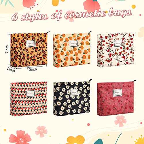 Sanwuta 6 Pcs Makeup Bag for Women Large Cosmetic Pouch Corduroy 10 x 7 Inch Large Capacity Makeup Bags Canvas Cosmetic Bags with Zipper Travel Toiletry Accessories Organizer for Women Girls(Flower)