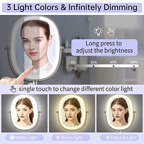 Lighted Wall Mounted Makeup Mirror, Double Sided 1X/7X Magnifying Mirror, 3 Color Lighting Option Dimmable, 360 Rotation Extension Foldable Arm, Oval Frame Rechargeable Vanity Mirror with Lights