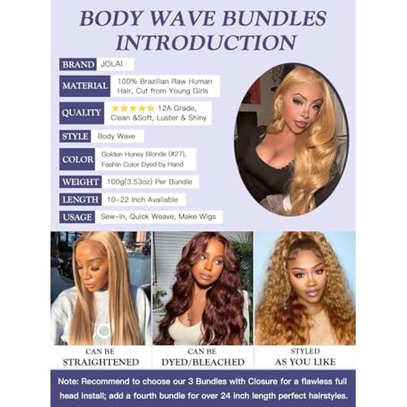 Honey Blonde Bundles with Closure Human Hair Body Wave 10 12 14+10 Inch, Color 27 Golden Ash Blonde 3 Bundles with 4x4 HD Closure 12A 100% Raw Brazilian Virgin Hair Sew In Weave with 4x4 Closure #27