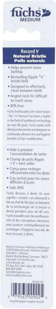 Fuchs: Pure Natural Bristle Record V Adult Medium Toothbrush, 1 ct (5 Pack)