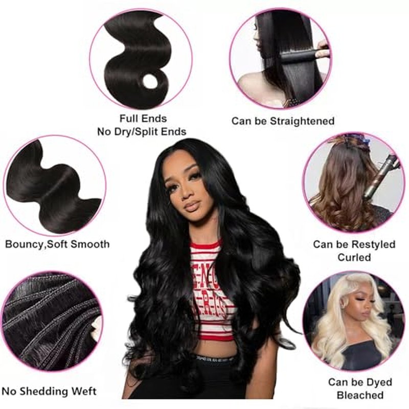 Body Wave Bundles Human Hair 12A Human Hair Bundles 18 20 22 IN 100% Unprocessed Brazilian Virgin Hair 3 Bundles Double Weft Hair Extensions Real Human Hair Natural Black For Woman 18 20 22 IN
