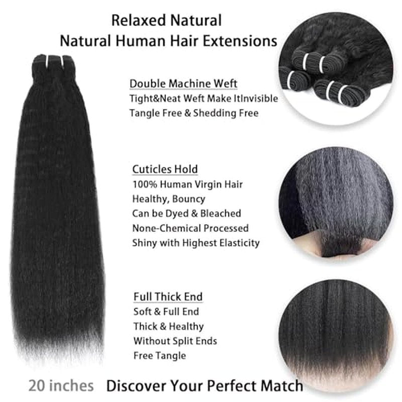 Kinkystraight Human Hair Bundles 3 Bundles 12A 100% Unprocessed Brazilian Virgin Hair Kinky Curly Bundles Human Hair Extensions for Women Quick Weave Yaki Straight Bundles (18 20 22 inch)