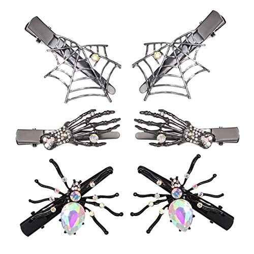 Halloween Hair Clips for Women Girls Gothic Sparkling Rhinestone Skeleton Hand Bone Claw Hairpins Horror Spider Web Hair Barrettes Halloween Party Masquerade Cosplay Accessory (colorful rhinestone)
