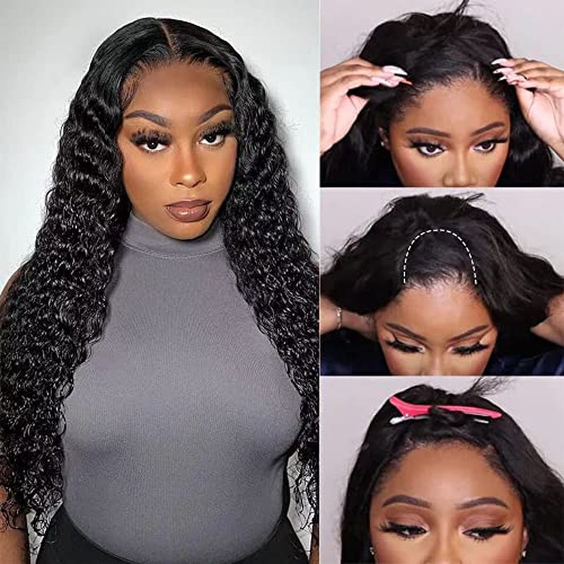 U Part Wigs Human Hair for Black Women Deep Wave Human Hair Brazilian Hair Full Head Clip in Half Wig V Part Glueless Wigs Human Hair Pre Plucked U Shape Wigs (Natural Black, 20 inch)
