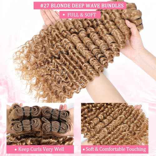Honey Blonde Deep Wave Bundles Human Hair Color #27 Blonde Curly Bundle for Black Women 18 Inch Double Weft Colored Wet and Wavy Human Hair Bundle