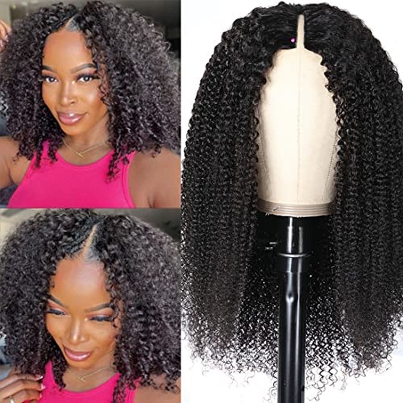 Nadula V Part Wig Kinky Curly Human Hair No Leave Out Glueless Upgraded U Part Wigs for Women,10A Malaysian Afro Curly V-part Wigs V Shape Clip in Half Wig Beginner Friendly 150% Density 16inch
