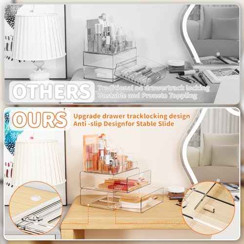 Yieach Clear Acrylic Makeup Organizer Countertop With Drawer,3 Tier Large Skincare Organizer for Vanity,Plastic Bathroom Cosmetic Storage Organizer for Lipstick,Makeup Brush,Palette,Beauty Products