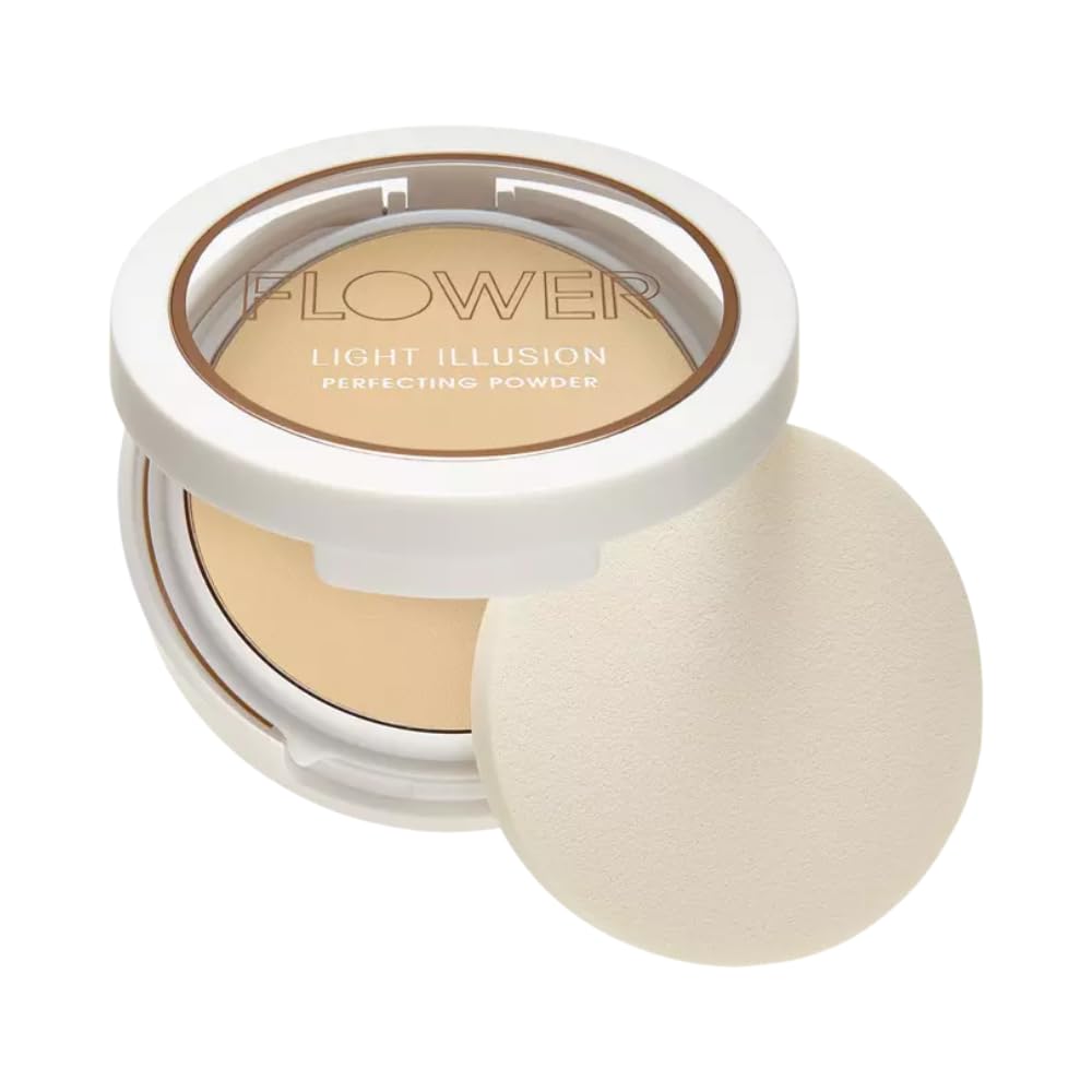 FLOWER BEAUTY Light Illusion Perfecting Powder Pressed Powder Face Makeup Buildable Medium Coverage with Blurring Pigments Includes Mirror Sponge, Tawny, 0.28 Ounce
