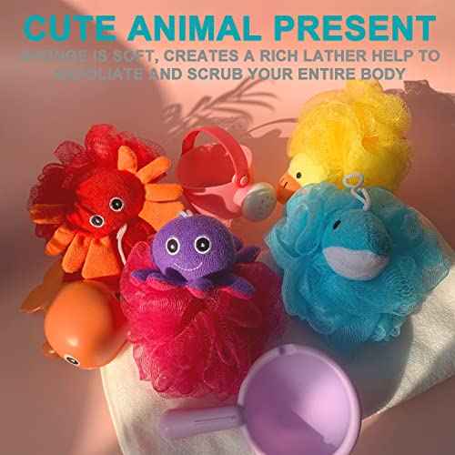 Loofah Exfoliating Shower Stuffed Sponge Pouf Mesh Brush with Animal Design - Bath Spa Puff Scrubber Ball - Body Poof for Man and Woman - Rich Foams Bubble£¨4.7" Each£© Pack of 4