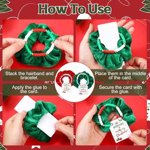 Tondiamo 72 Pcs Christmas Bracelets and Scrunchies Christmas Party Favor Gift Red Green Santa Joy Merry Candy Holiday Stackable Stretch Friendship Bracelets and Scrunchies with Gift Cards for Women