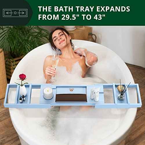 ROYAL CRAFT WOOD Luxury Bathtub Caddy Tray, One or Two Person Bath and Bed Tray, Bonus Free Soap Holder (Blue)