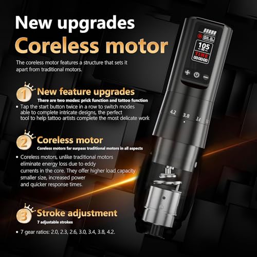 BIGWASP Z2 Wireless Rotary Tattoo Machine Pen, Adjustable Stroke, 1,600mAh Battery, Coreless Motor for Professional Artists - Black
