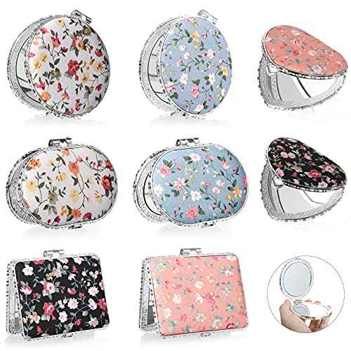 8 Pieces Flower Compact Mirror for Purse Bulk Small Compact Mirror Gift Makeup Floral Pocket Retro Folding Portable Travel Accessories for Women Girls Christmas Gifts