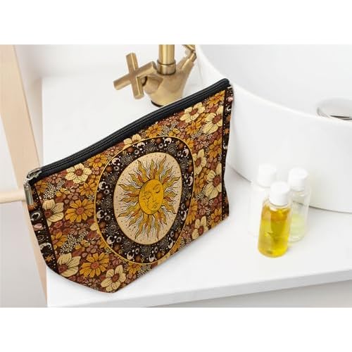 Ayxvt Sun and Moon Makeup Bag, Hippie Flower Pouch Floral Cosmetic Bag, Boho Gifts for Women Teen Girls