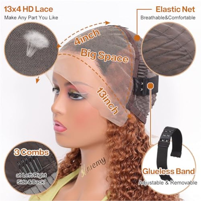 Curly Bob Wig Human Hair Deep Wave 13x4 HD Lace Front Wigs For Black Women Human Hair Pre Plucked Wear And Go Glueless Short Wet And Wavy Ombre Honey Blonde Highlight Color 4/27 16 Inch