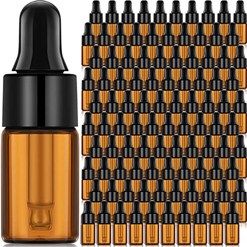 Nuogo 100 Pcs Amber Glass Mini Dropper Bottles Essential Oil Dropping Small Empty Sample Vial with Dropper and Black Caps Tiny Amber Glass Bottles Perfume Jars for Travel(3 ml)