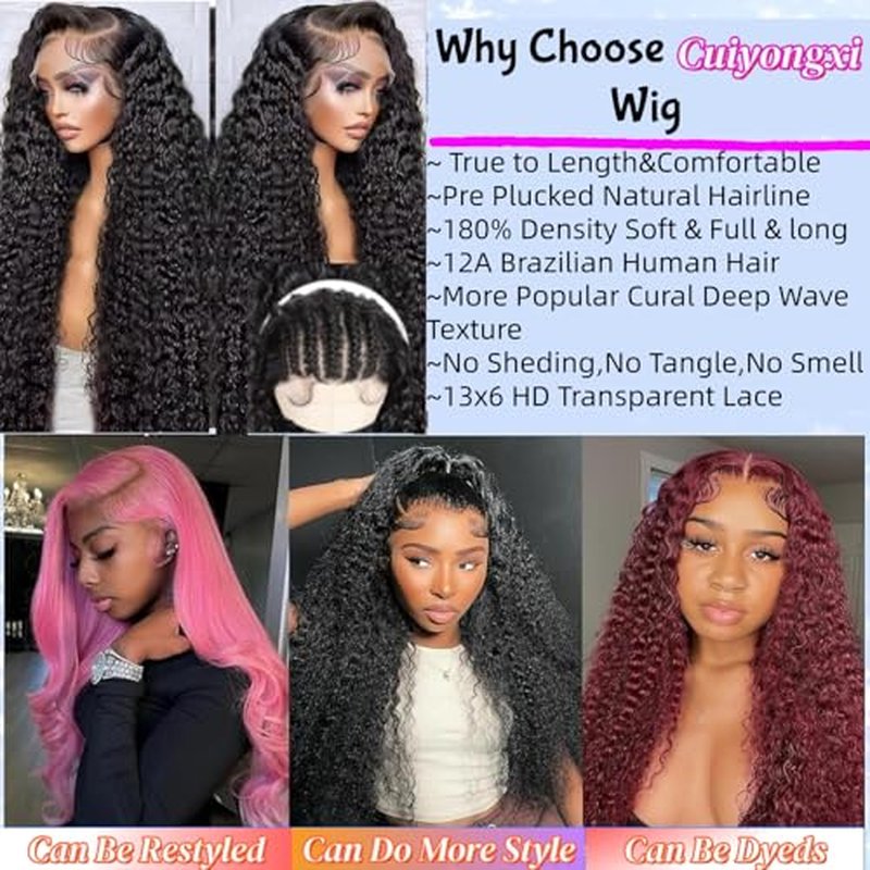 13x6 HD Deep Wave Lace Front Wigs Human Hair Pre Plucked 22 Inch Deep Curly Glueless Wigs for Black Women Lace Frontal Wigs with Baby Hair 180% Density Natural Hairline