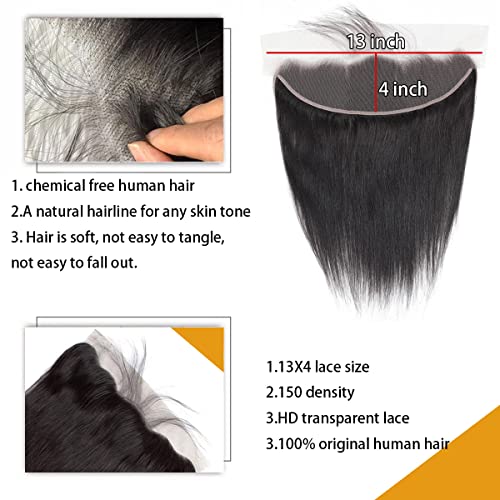 13X4 Ear To Ear Lace Frontal Closure Straight Frontal HD Lace Human Hair 100% Brazilian Virgin Hair 150 Density HD Transparent Lace Natural Black Pre-Pulled Baby Hair (16 Inch)