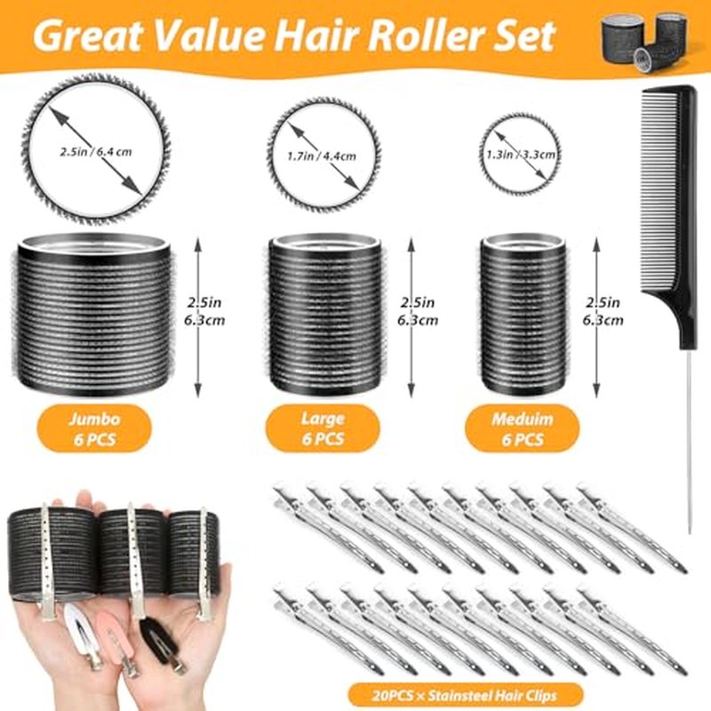 39PCS Self Grip Curlers 3 Sizes - Black 2.5in, 1.9in, 1.4in Rollers with Duckbill Clips for Long, Medium, Short, Thick, Fine Hair Volume and Bangs (Black)