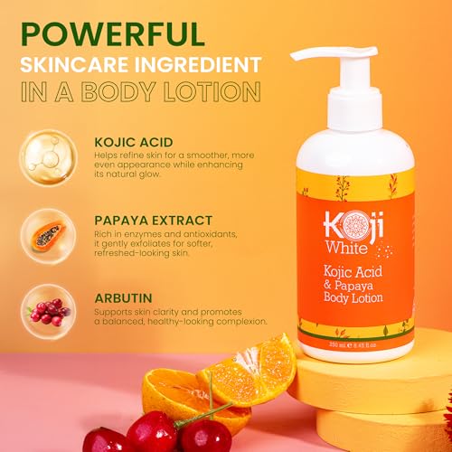 Koji White Kojic Acid & Papaya Body Lotion - Exfoliating, Hydrating, Moisturizing, Skin Care for Sun-Damaged Skin, Vegan, Paraben-Free, 8.45 Fl Oz (1 Bottle)