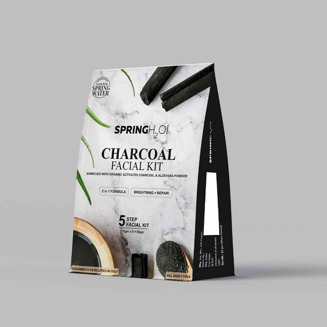 SPRING H2O Charcoal Facial Kit 50 gm| 2 in 1 Formula Brightning+Repair | Enriched with Organic Activated Charcoal & Aloevera Powder| Simple 5 Step