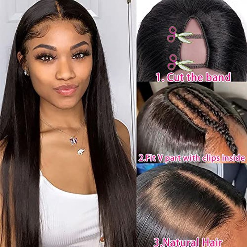 CHEETAHBEAUTY V Part Wigs Human Hair 20 Inch No Leave Out Lace Front Wigs Upgrade U Part Wigs Brazilian Virgin Straight Human Hair Wigs for Women 180% Density Natural Color