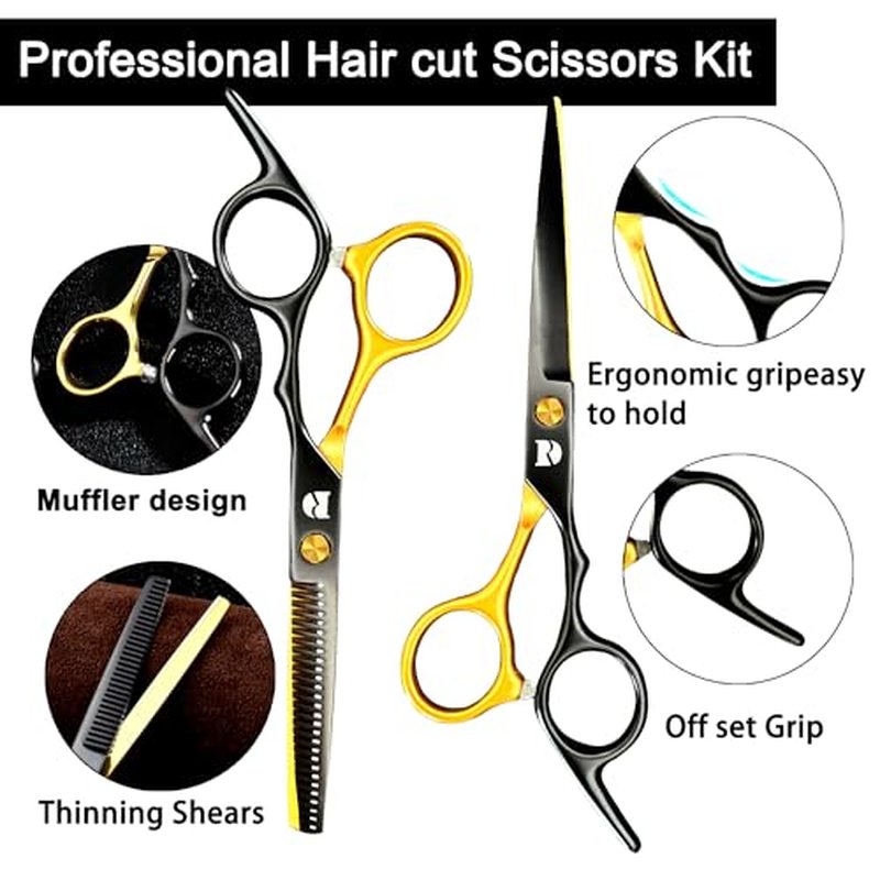 Professional Hair Cutting Shears Set,6 Inch Barber Hair Cutting Scissors Kit,Hairdressing Thinning Shears for Hair Cutting,Sharp Blades Haircut Scissors Kit for Women/Men/Kids (Rainbow) (Gold)