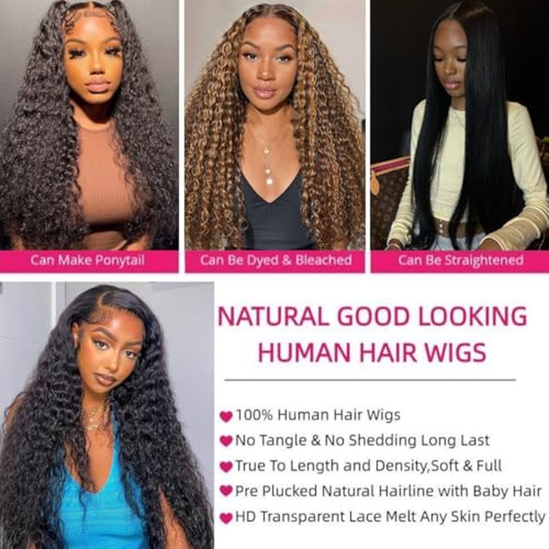 Water Wave Lace Front Wigs Human Hair 13x6 Full Frontal HD Transparent Lace Front Wigs for Women 180% Density Deep Curly Human Hair Wigs Wet And Wavy Pre Plucked with Baby Hair 20Inch