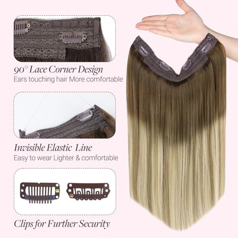GOO GOO Wire Hair Extensions Human Hair, 3/8/613 Walnut Brown with Ash Brown and Bleach Blonde Balayage 16inch 95g, Invisible Wire Hair Extensions with Transparent, Seamless Fish Line Hairpiece