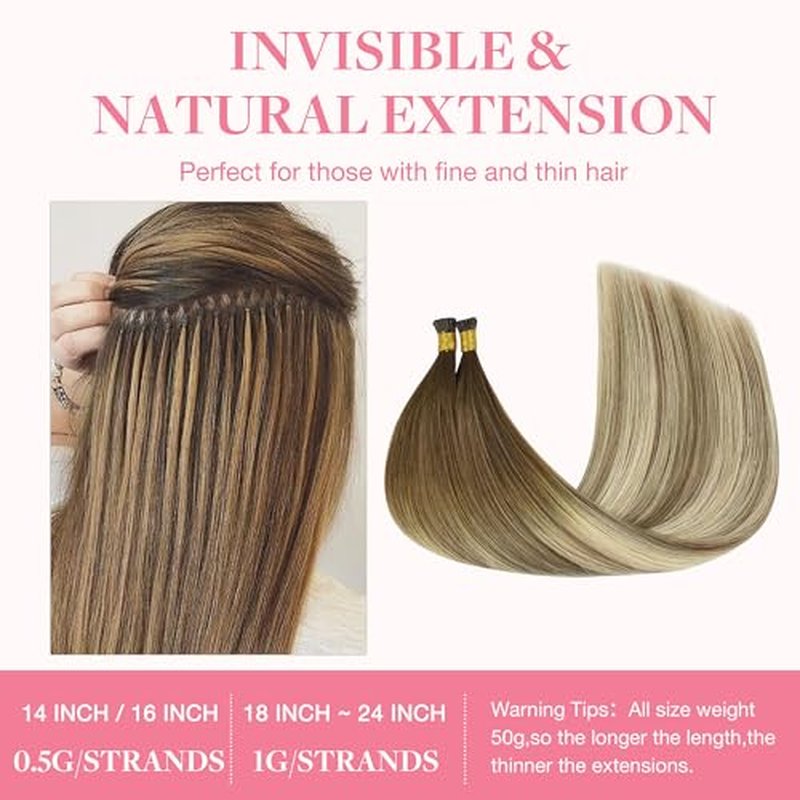 GOO GOO I Tip Hair Extensions Real Human Hair, 20inch 50g 50S, Cold Fusion I Tip, Invisible Remy Hair Extensions, 3/8/613 Balayage Walnut Brown to Ash Brown and Bleach Blonde