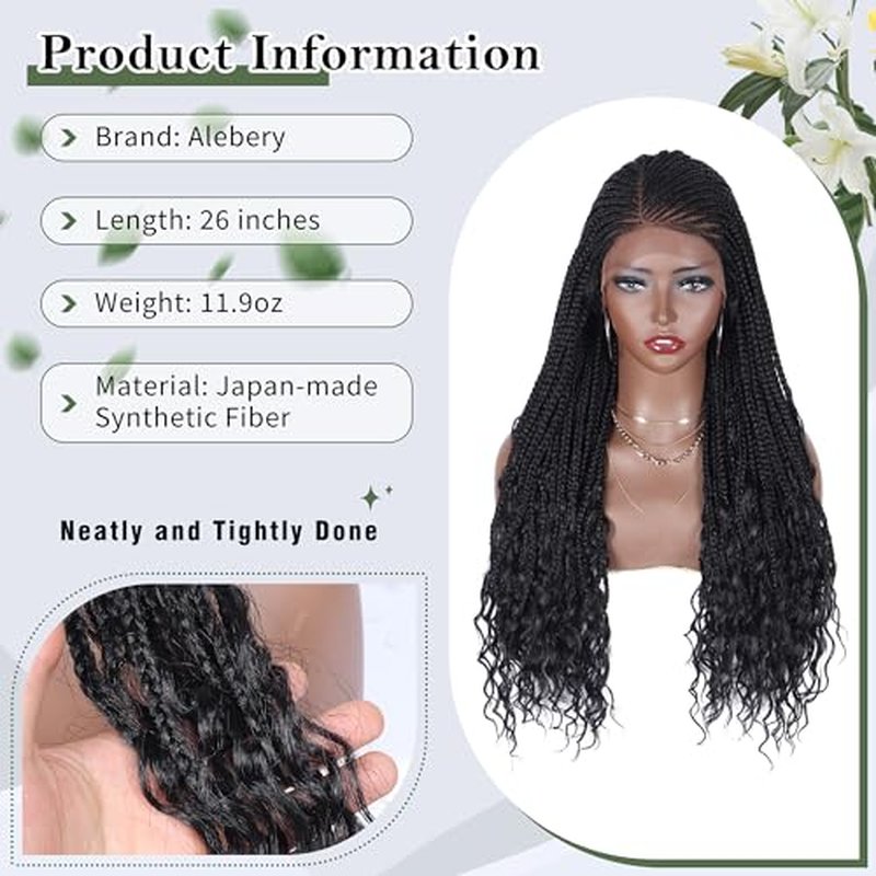 13x6 HD Lace Front Box Braided Wigs with Curly End Lace Frontal Box Braids Wigs for Black Women Lightweight Synthetic Black Cornrow Fully Handmade Braided Wig with Baby Hair (26 inches)