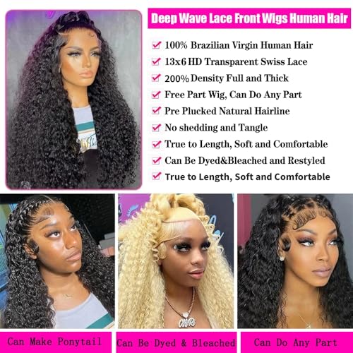 JTMMP 13x6 Deep Wave Lace Front Wigs Human Hair 200% Density 26 Inch Curly Human Hair Wig for Women Natural Black HD Transparent Lace Glueless Frontal Wigs Human Hair Pre Plucked