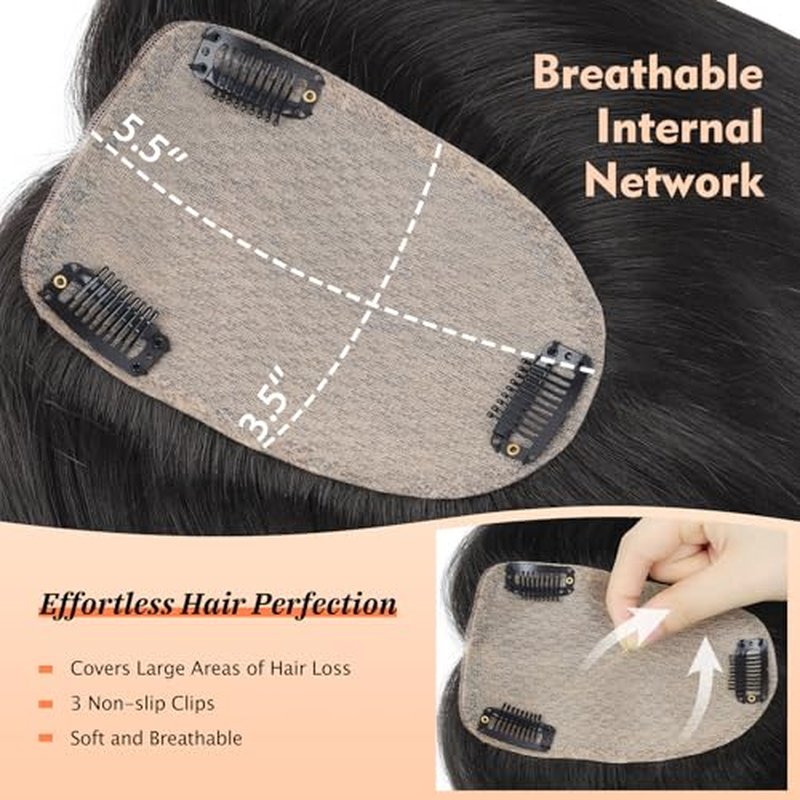 Hair Toppers for Women Real Human Hair,Natural Black Hair Topper 12 Inch Large Silk Base 3.5x5.5 Inch Hair Pieces for Women with Thinning No Bangs for Add Volume