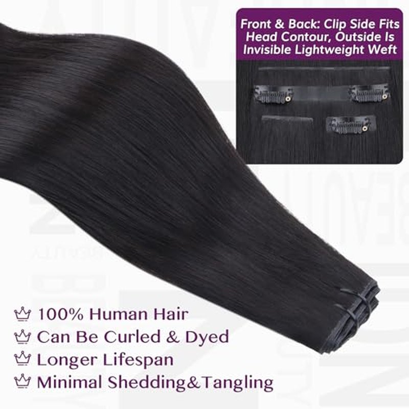 IDN BEAUTY Genius Weft Straight Clip In Hair Extensions Human Hair For Black Girl Women, Virgin Hair Longer Lifespan, Invisible Seamless PU Weft Clip Ins, 16 Inch 110g 7Pcs Natural Black