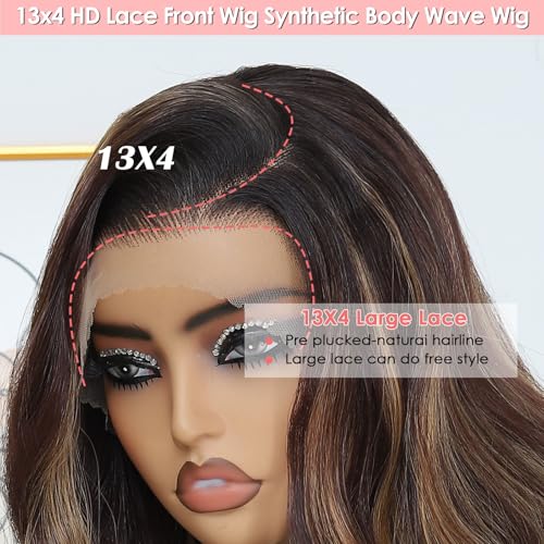 Highlight Synthetic Lace Front Wig 13x4 Lace Front Wig Honey Blonde Glueless Synthetic Body wave Lace Frontal Wig for Women 26 Inch