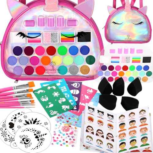 Bowitzki Unicorn Face Paint Kit for Kids-24 Colors,2 Rainbow Glitters&2 Glitter Gels,10 Sponges,8 Brushes,8 Stencils,Gem Stickers&Guidebook-Come with Unicorn Backpack for Party Halloween (Pink)