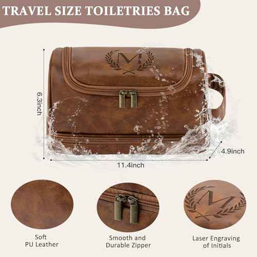 Personalized Gifts Travel Toiletry Bag for Men Him, Laser-Engraved Initial PU Leather Waterproof Shaving Bag Christmas Birthday Gift for Men Dad Husband Boyfriend Groomsmen, Light Brown M