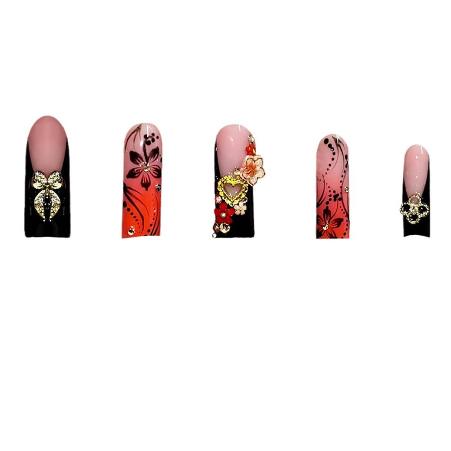 24Pcs Red French Tip Fake Nails Long Square Press on Nails pink Full Cover Glue on Nails with 3D Flower and Rhinestones Designs False Nails Gold Metallic Heart Acrylic Nails for Women