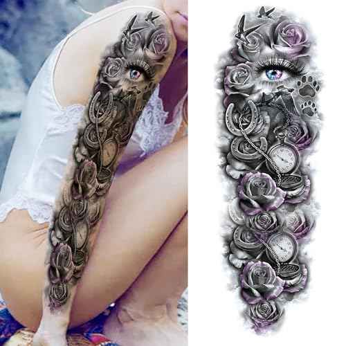 20 Sheets Sexy Rose Flower Full Arm Sleeve Temporary Tattoos For Women Adults Thigh, Half Arm Sleeve Tattoos For Men Angel Anchor Peace Dove Eagle Owl Compass Eye, Black Halloween Fake Tattoo Stickers