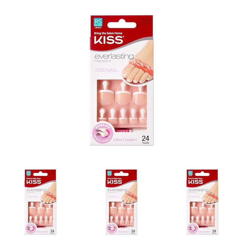 KISS Everlasting, Press On Toenails, Nail Glue Included, 'Limitless', Beige, Real Short Size, Squoval Shape, Includes 24 Nails, 2g Glue, 1 Manicure Stick, 1 Mini file (Pack of 4)