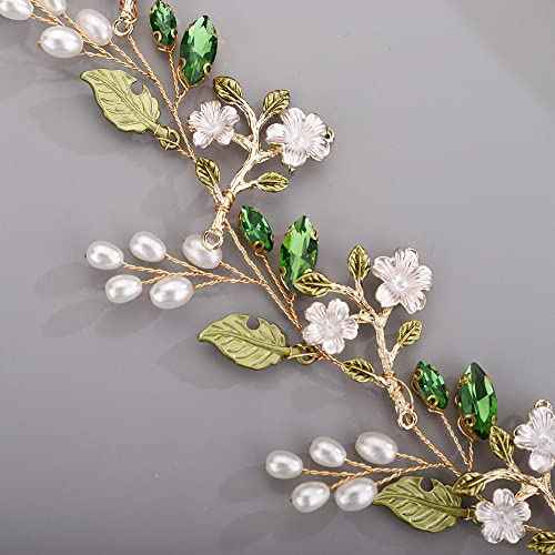 Bridal Cute Flowers Headband for Bride Bridesmaid Green leaf Crystal Hair Piece Beads Hair Vine