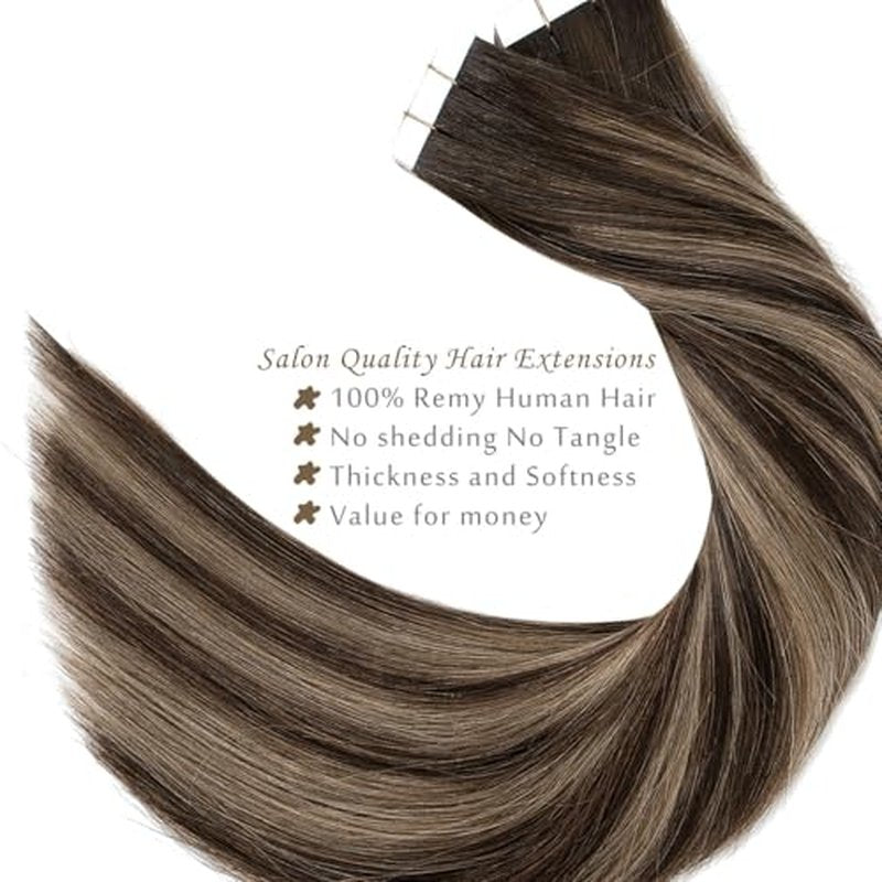 Lacer Human Hair Tape In Extensions 18inch Dark Brown Tape In Hair Extensions Straight Human Hair Chestnut Brown Highlight 100G 40pcs Thick Ends Piece For Invisible Seamless Human Hair Tape In