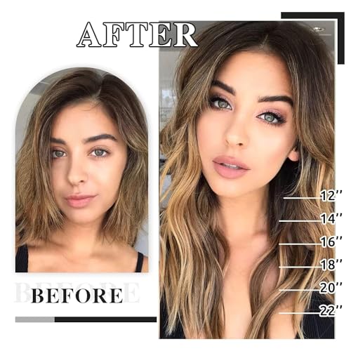 ORIGEN Clip in Hair Extensions Real Remy Human Hair Chocolate Brown to Caramel Blonde Highlights Straight Hair for Women 7pcs 80g 14 Inches