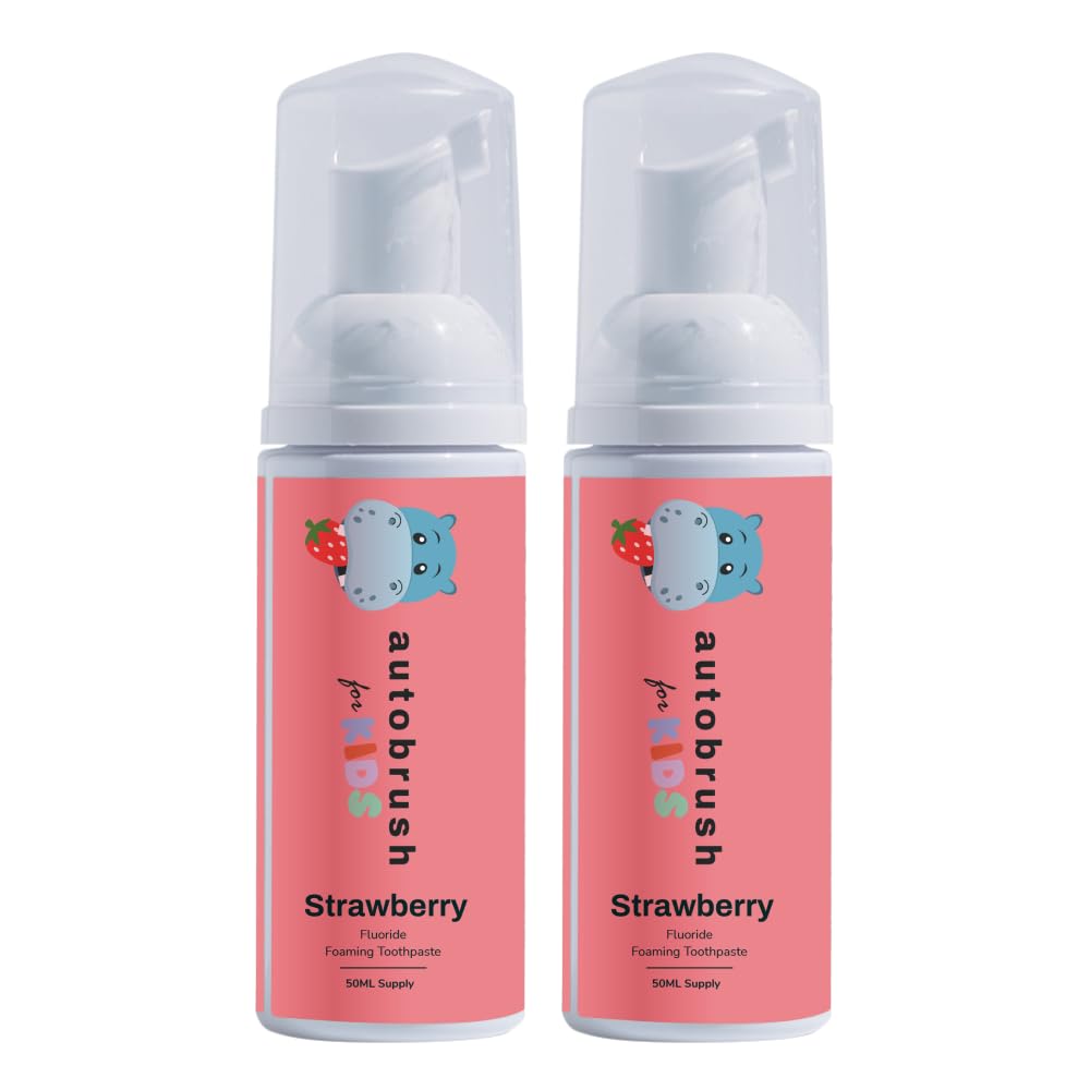 Autobrush Fluoride Foaming Toothpaste for Kids, Strawberry Flavor, Whitening & Deep Cleaning, Travel Friendly, Anti-Cavity (Pack of 2)