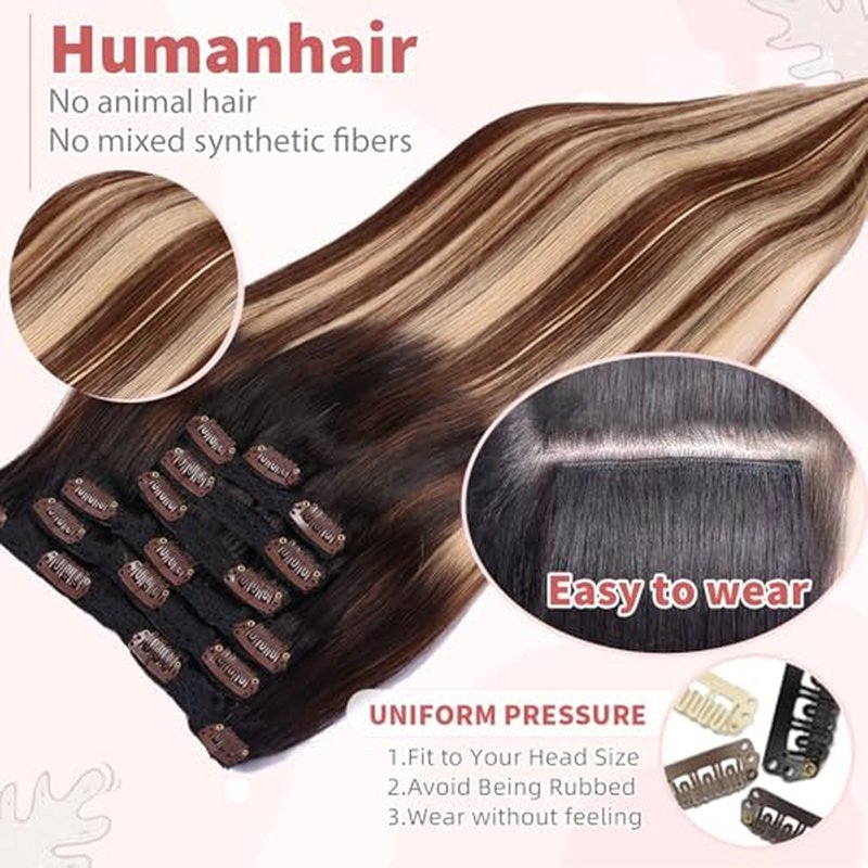 human hair clip in extensions,Soft&Natural clip in hair extensions real human hair 120g 7pcs Straight (24 Inch, 1B/4/27)