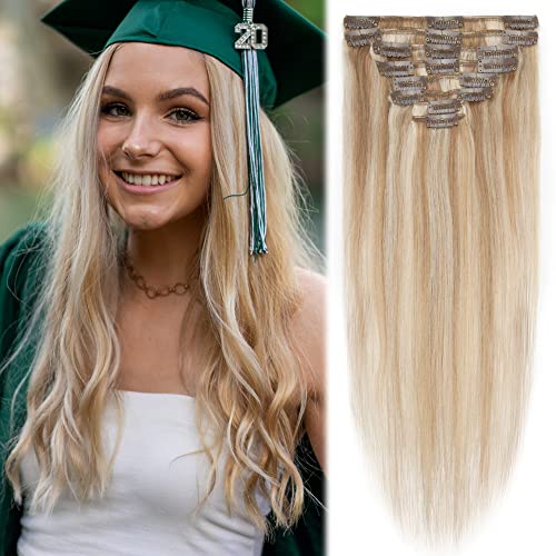 MY-LADY Clip in Hair Extensions Real Human Hair Ash Blonde & Bleach Blonde 14 Inch 60g Remy Hair 8pcs Weft Balayage Full Head Straight for Women