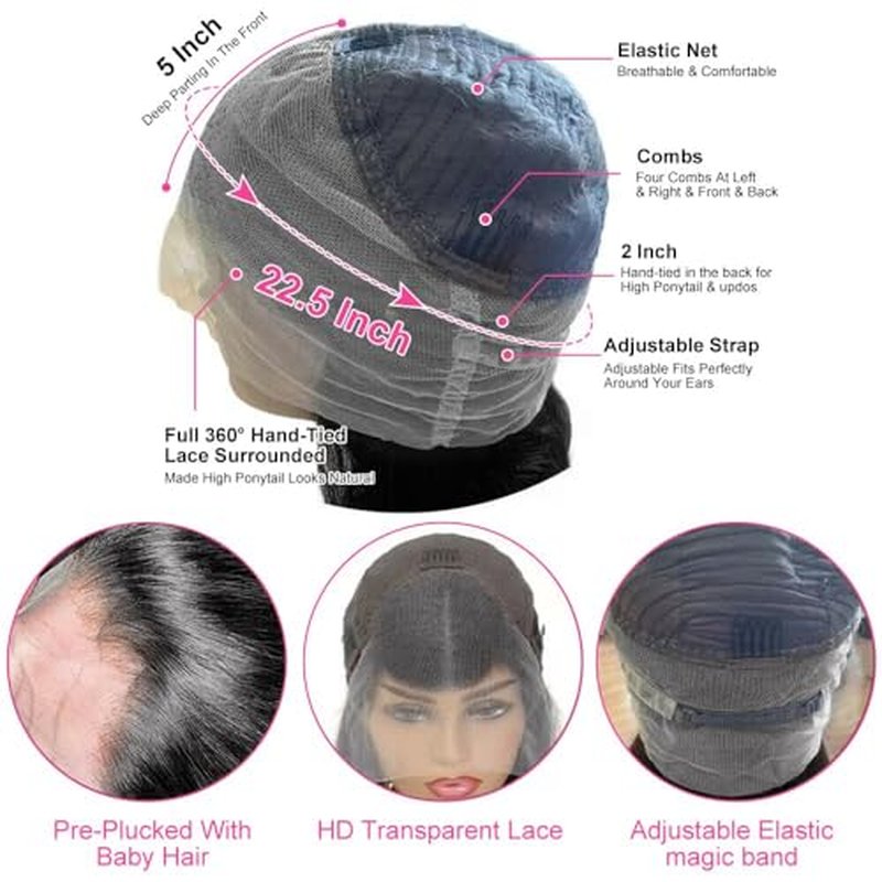 Grace Queen 360 Lace Front Wigs Human Hair Pre Plucked 200 Density 360 Body Wave HD Transparent Lace Front Wigs Human Hair for Women Full Lace Wigs 18inch