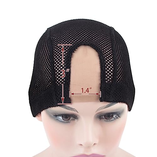 2 Pcs 1.4X3 Inch U Part Wig Cap for Making Wig Lace Wig Cap Dome Mesh Stretch Weaving Wig Caps (Medium Black)