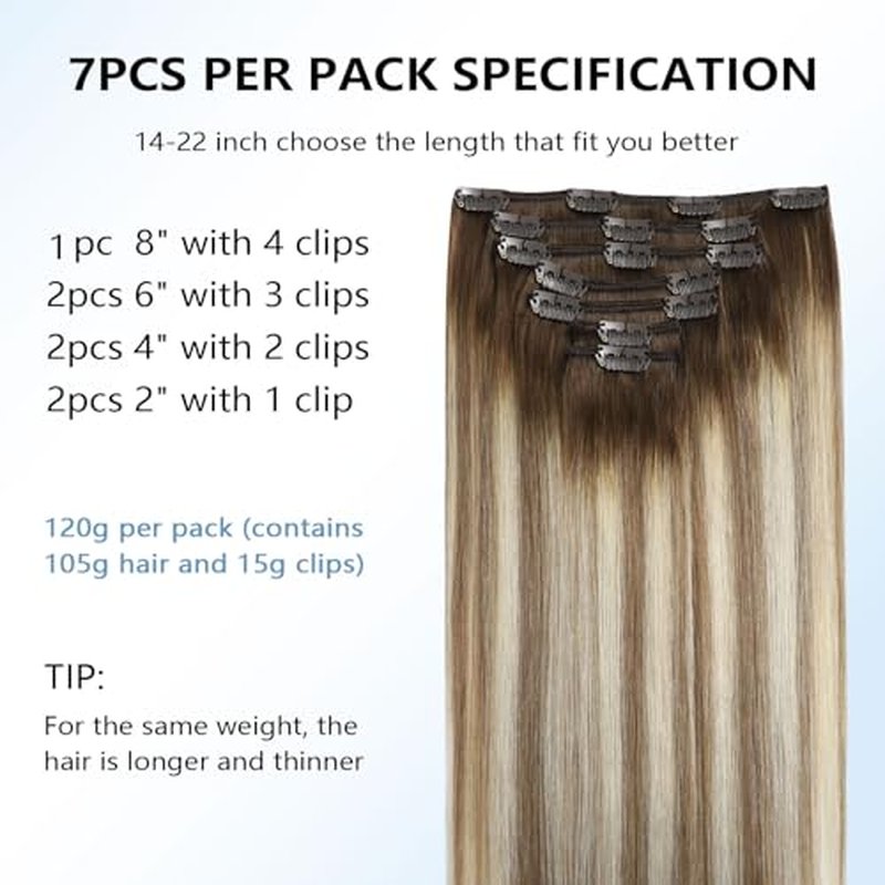 COOKAYU Clip in Hair Extensions Real Human Hair, 20inch 120g 7Pcs 3/8/22 Walnut Brown to Ash Brown and Blonde Hair Extensions Clip in Human Hair Thick Silky Straight Extensions