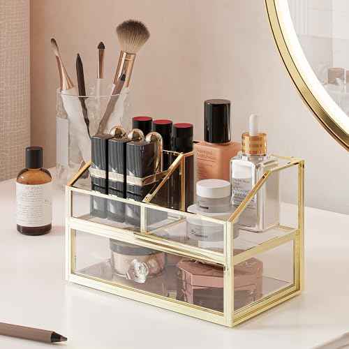 FSyueyun Makeup Organizer for Vanity, Clear Glass Drawer Organization and Storage Jewelry Display Case Gold Cosmetics Storage Lipstick Organizer Tray Perfumes for Bathroom Counter or Dresser